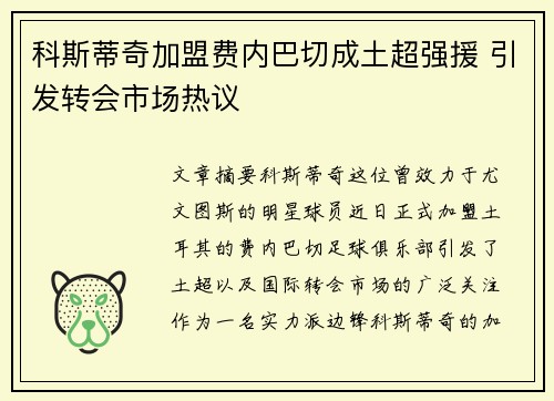 科斯蒂奇加盟费内巴切成土超强援 引发转会市场热议